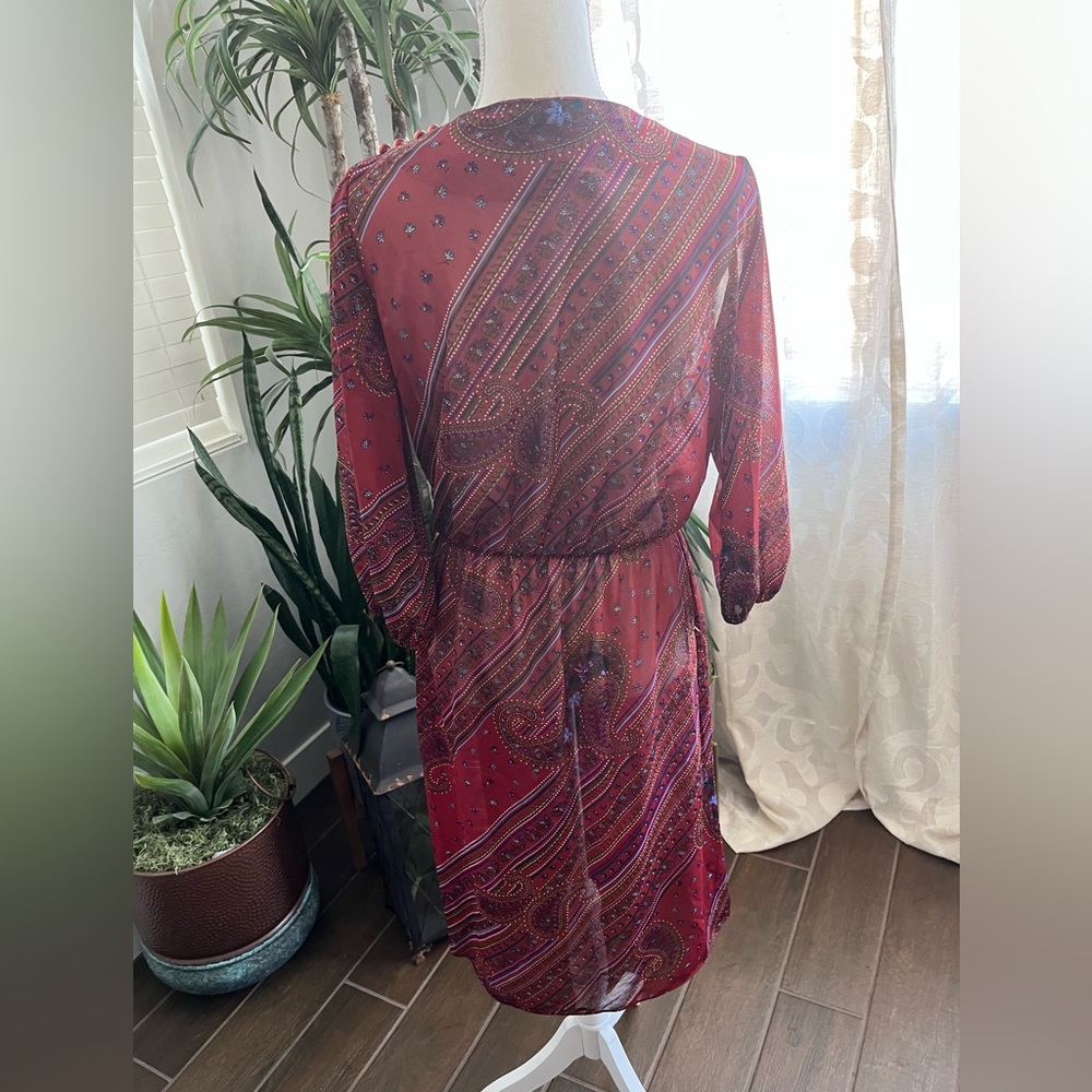 Vintage 70s sheer boho paisley dress with button detail cinched three quarter - Picture 8 of 16